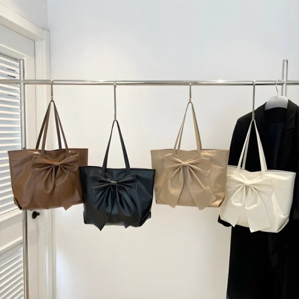 Large-capacity bow tote bag made of PU leather, fashionable design for daily use in multi color.