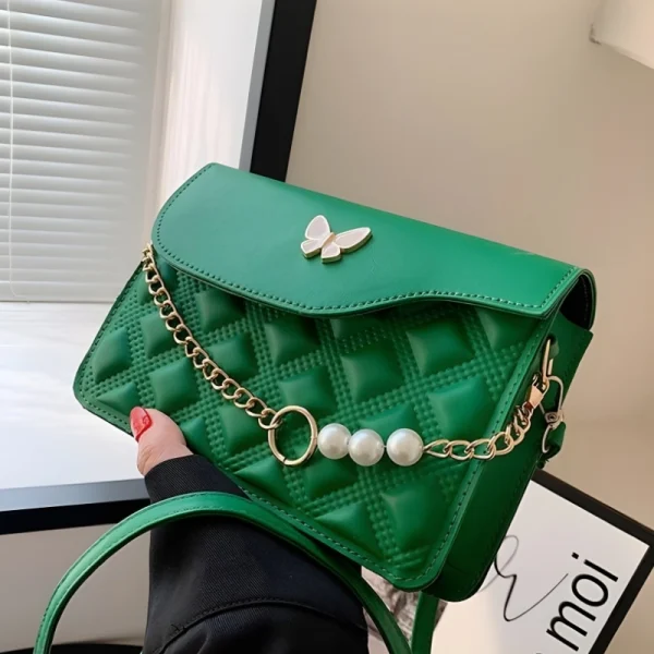 Green PU mini shoulder bag with butterfly decor and quilted embossed design for casual outings