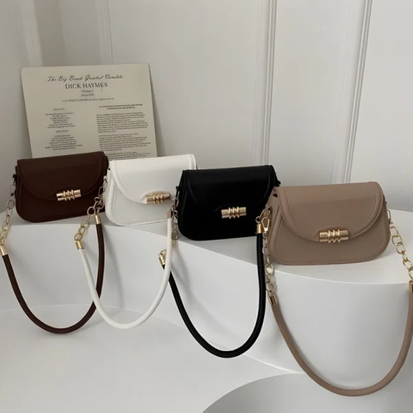 "PU leather commuter crossbody bag with metal lock for daily use in black white coffee & khaki"