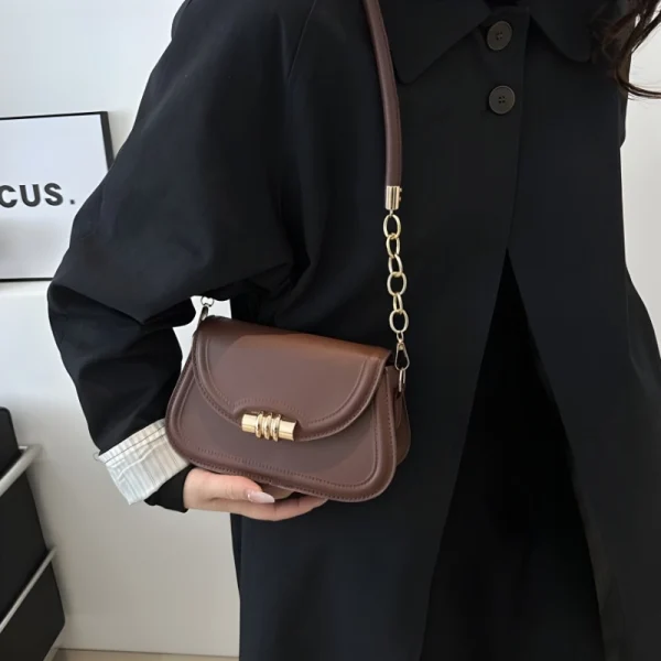 "PU leather commuter crossbody bag with metal lock for daily use in coffee outfit"