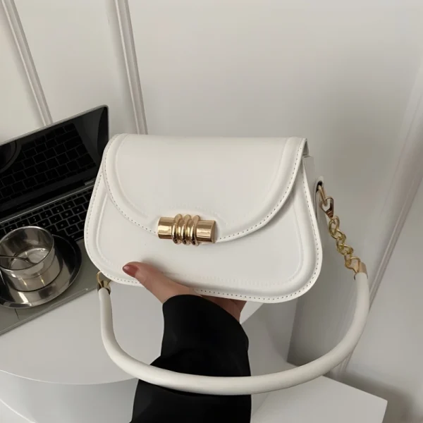 "PU leather commuter crossbody bag with metal lock for daily use in white"