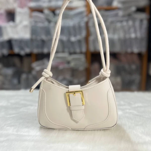 Compact women’s handbag in PU leather with buckle design for daily use, neutral white color, perfect as shoulder or crossbody bag