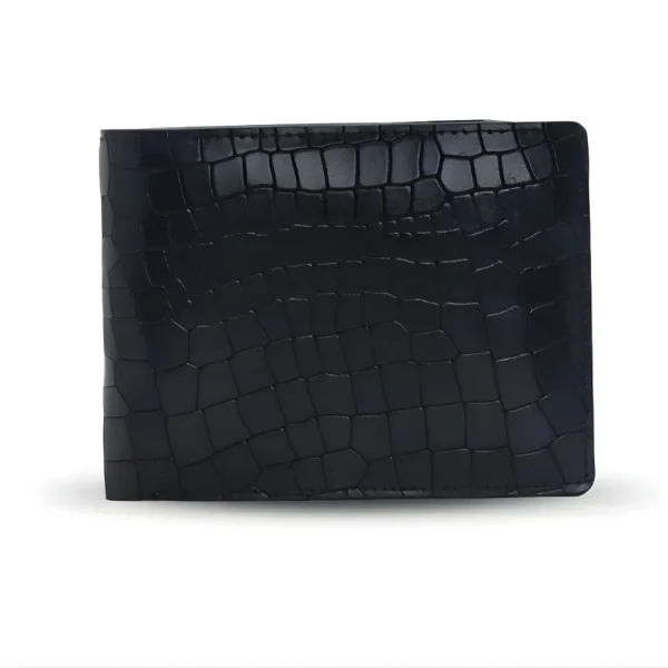 Crocodile bifold slim leather wallet with handmade finish for daily use in black