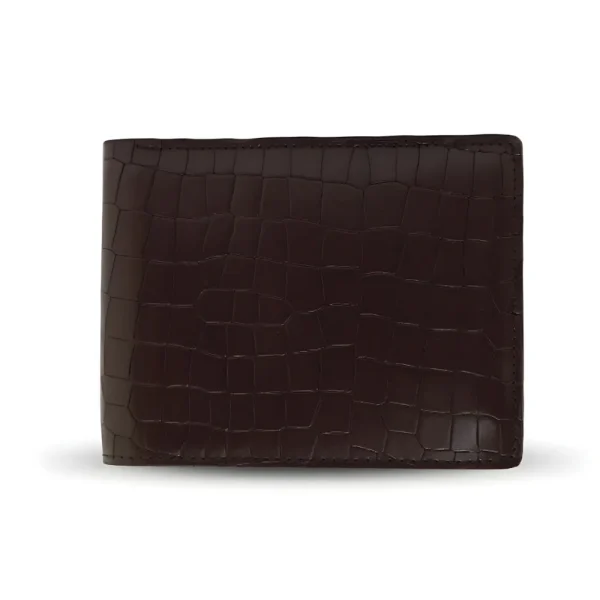 Crocodile bifold slim leather wallet with handmade finish for daily use in dark brown