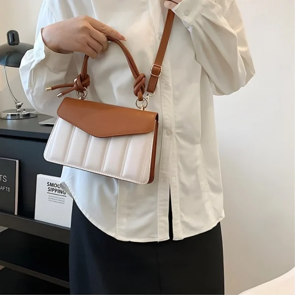 Women's fashion handbag made of PU leather with knotted handle, ideal for daily use in white and brown color outfit
