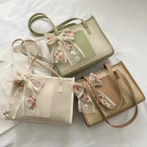 “Handwoven straw shoulder bag with polyester lining, large capacity for beach and travel use in multicolor.”