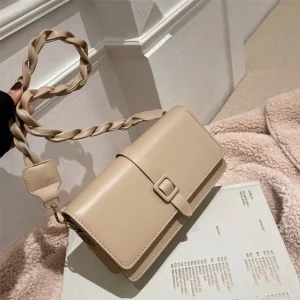 Khaki faux leather crossbody shoulder bag with buckle strap for casual everyday use