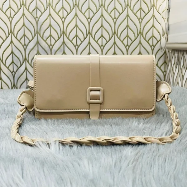 Khaki faux leather crossbody shoulder bag with buckle strap for casual everyday use