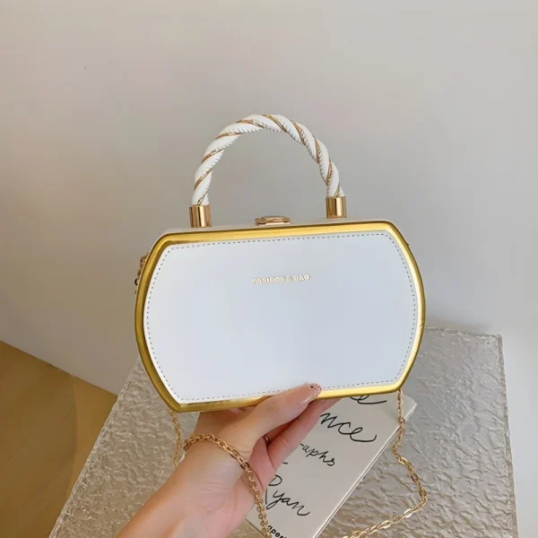 Korean-style women’s box handbag made of PU and PVC with twisted handle for daily use in white