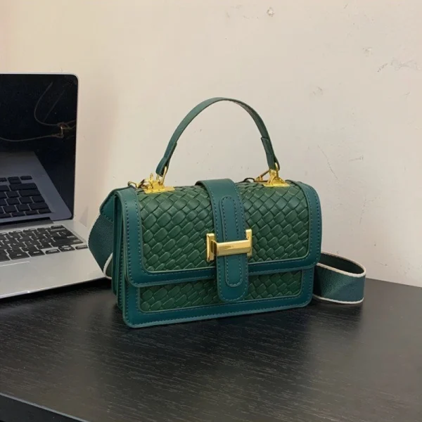 Luxury shoulder handbag made of PU leather with woven texture and gold hardware for casual fashion use in green.
