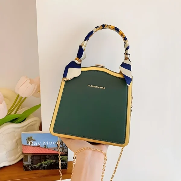 Luxury women’s box handbag made of PU leather with scarf-wrapped handle for daily fashion use in dark green