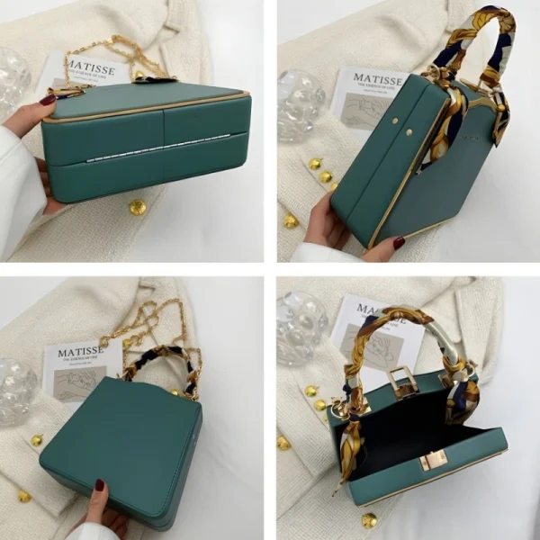 Luxury women’s box handbag made of PU leather with scarf-wrapped handle for daily fashion use in dark green