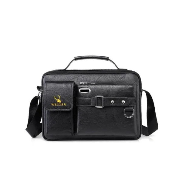 “Men's leather shoulder bag made of PU leather with multi-pocket design for business and travel use in black.”