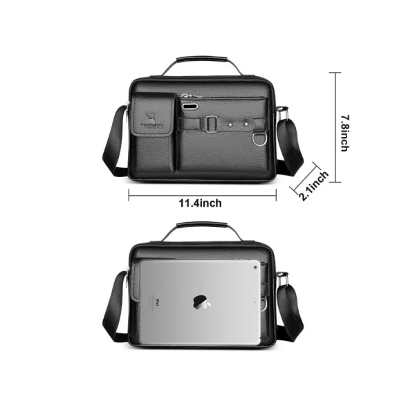 “Men's leather shoulder bag made of PU leather with multi-pocket design for business and travel use in black dimension.”