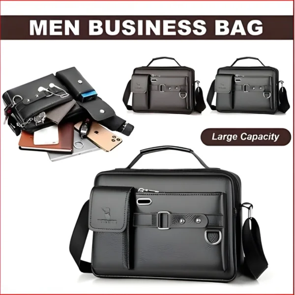 “Men's leather shoulder bag made of PU leather with multi-pocket design for business and travel use in black uses.”
