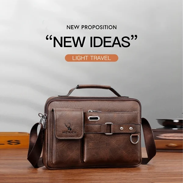 “Men's leather shoulder bag made of PU leather with multi-pocket design for business and travel use in dark brown.”