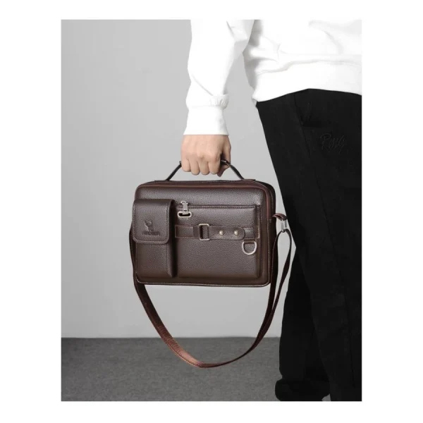 “Men's leather shoulder bag made of PU leather with multi-pocket design for business and travel use in dark brown outfit.”