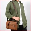 “Men's leather shoulder bag made of PU leather with multi-pocket design for business and travel use in light brown outfit.”