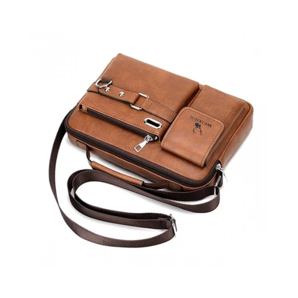 “Men's leather shoulder bag made of PU leather with multi-pocket design for business and travel use in light brown side view.”