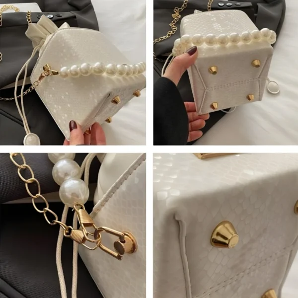 PU mini cube crossbody bag in white with pearl chain and compact stylish look for outings