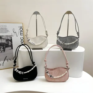 Pearl chain crossbody bag for women made of soft PU with stylish design for casual and evening use in multi color