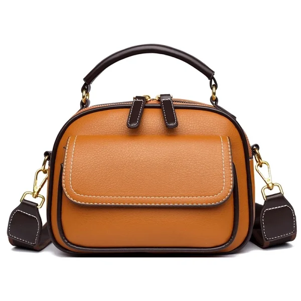 “Premium ladies small PU leather shoulder tote with soft design and front pocket for daily and travel use in brown.”
