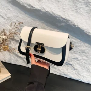 “PU leather small square crossbody bag with lock design for women, daily-use white and black fashion style.”