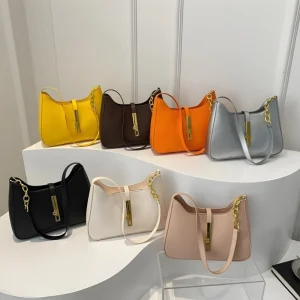 “PU leather hobo shoulder bag with buckle and chain design for daily use in multicolor.”