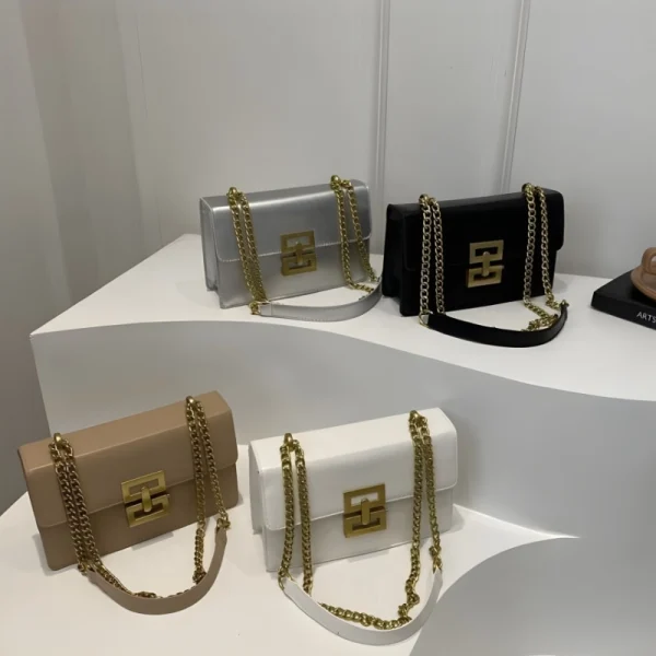“PU leather shoulder handbag for women with golden chain, fashion-style design for daily use in multi color.”