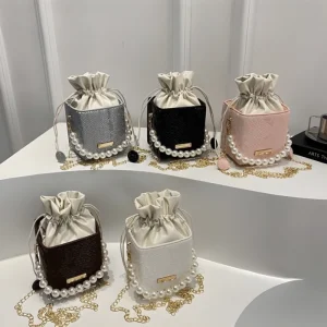 PU mini cube crossbody bag in black,white, pink, silver & coffee with pearl chain and compact stylish look for outings