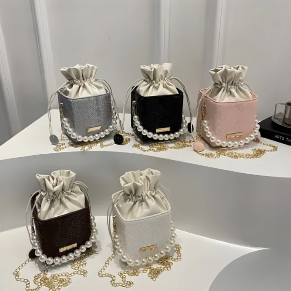 PU mini cube crossbody bag in black,white, pink, silver & coffee with pearl chain and compact stylish look for outings