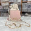 PU mini cube crossbody bag in pink with pearl chain and compact stylish look for outings