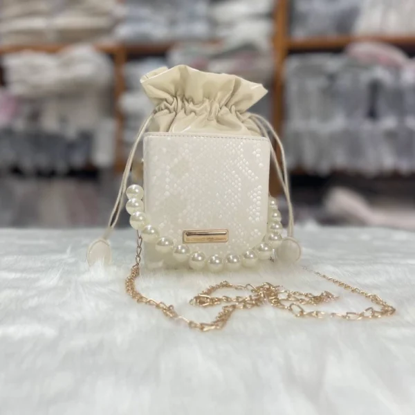 PU mini cube crossbody bag in white with pearl chain and compact stylish look for outings