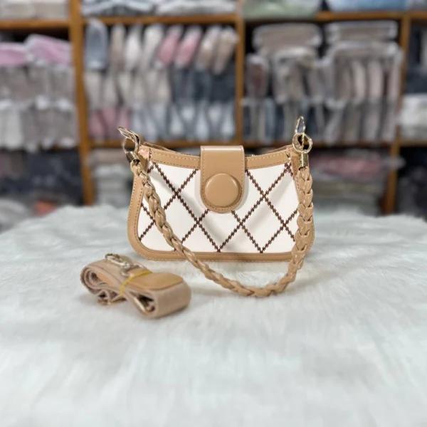 Trending women’s crossbody bag made of PU leather with braided strap and square pattern, ideal for daily use in khaki.