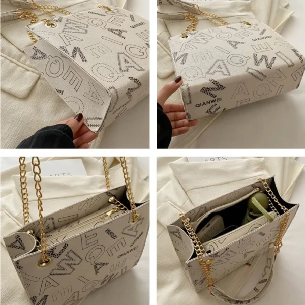Urban women’s tote bag made of PU leather with letter print and chain handles for daily use in white.