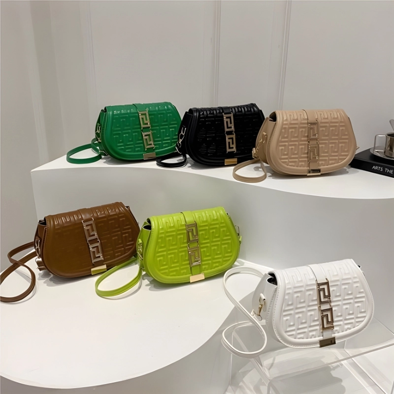 Vintage PU crossbody bag with embossed pattern and chain detail for daily use in multi color