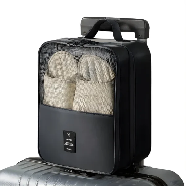 “Waterproof travel shoe bag with durable storage design, dustproof protection for travel use in black.”