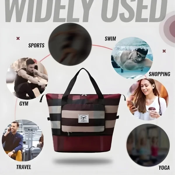 “Waterproof travel sports bag made of lightweight nylon with strong build for shopping and gym use in maroon.”