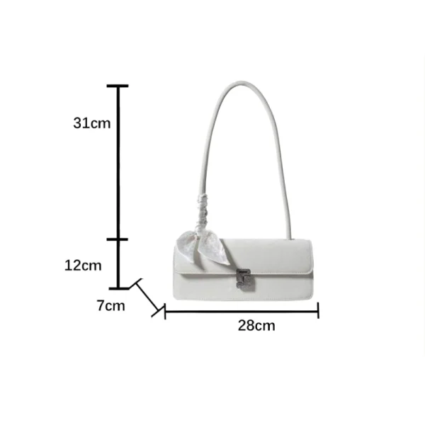 White PU leather baguette bag with hardware lock and flap closure for shopping and everyday use