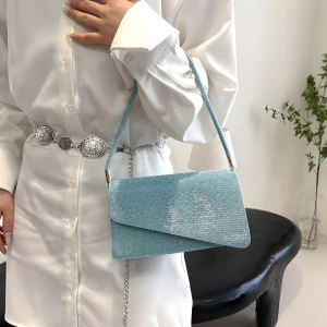 “Women’s square crossbody bag made of polyurethane with sequin detailing, perfect for party use in skyblue color.”