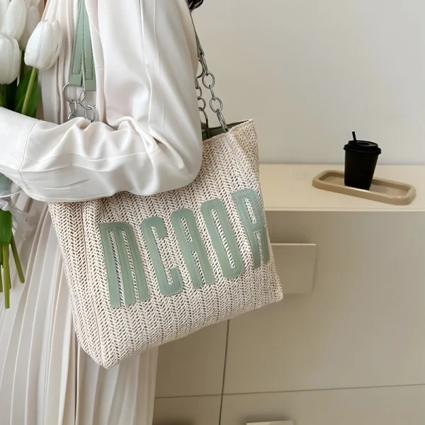 "Braided fabric women’s shoulder bag outfit with lightweight braided texture for casual use in mint"