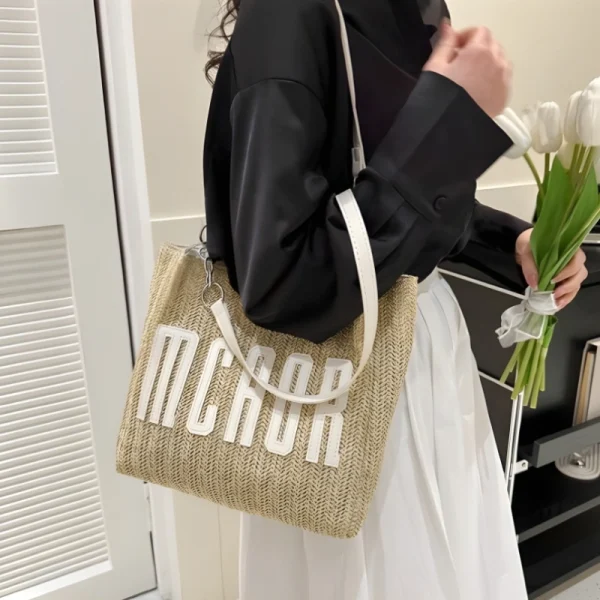 "Braided fabric women’s shoulder bag outfit with lightweight braided texture for casual use in white"