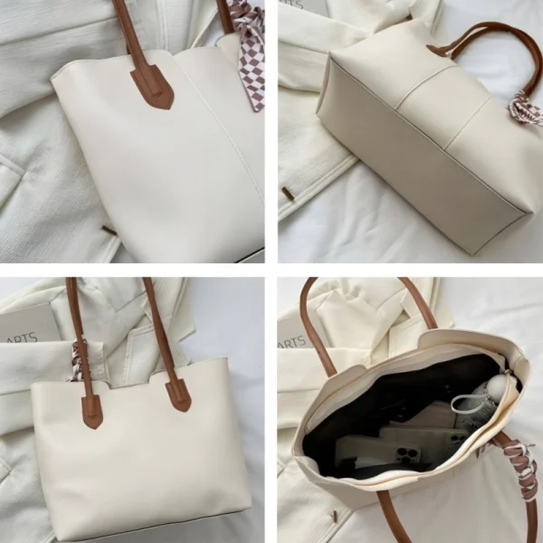 Women’s PU leather tote bag with large capacity for everyday use in white color overview