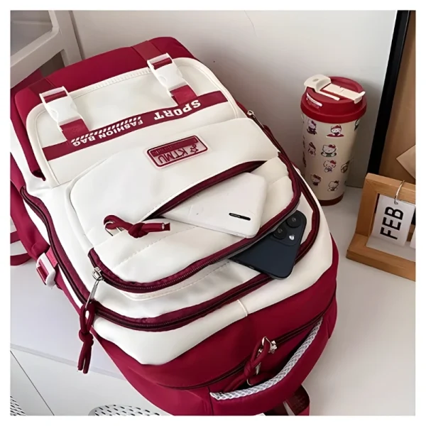 “Academy style school backpack made of Oxford and nylon with lightweight large capacity for daily school use in red.”