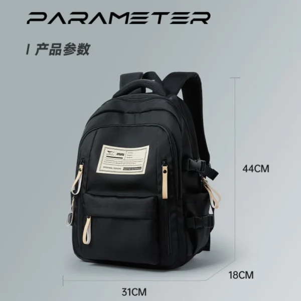 "Aesthetic large capacity polyester backpack with multi-pocket functional design for daily use in black dimension."