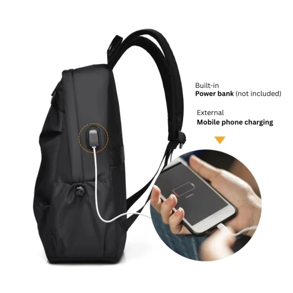 “Waterproof multi-functional laptop backpack made of durable Oxford fabric for travel and office use in black uses.”
